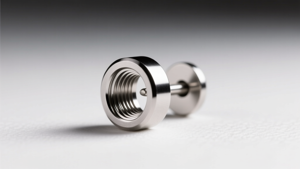 Macro photo of an internally threaded titanium earring post showing smooth threads and polished finish under bright studio lighting.