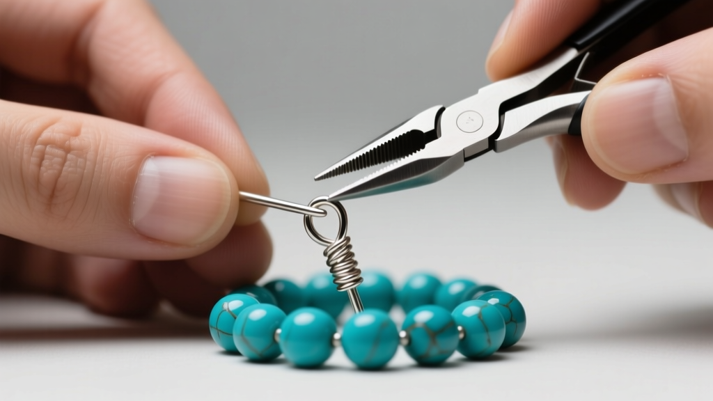 Close-up of jeweler hands using nylon pliers to bend a 20-gauge sterling headpin into a wrapped loop above turquoise beads.