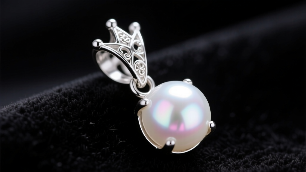 Macro shot of a sterling silver pronged crown bail cap holding a 9mm white Akoya pearl pendant against dark velvet