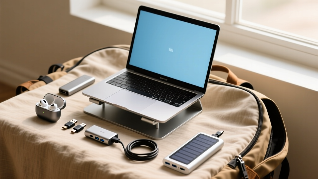 Top-down flat lay of nomad backpack contents: a 14-inch MacBook, foldable stand, and compact space-saving tech accessories.
