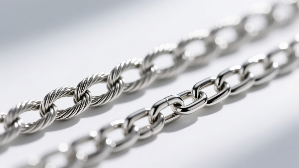 Macro shot of a layered 1.5mm silver rope chain and 2.5mm box chain, highlighting interlocking weave textures under bright light