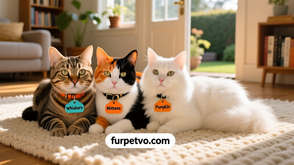 A diverse group of cats—tabby, calico, and fluffy white—curled together on a cozy rug, each wearing a different colored collar from furpetvo.com