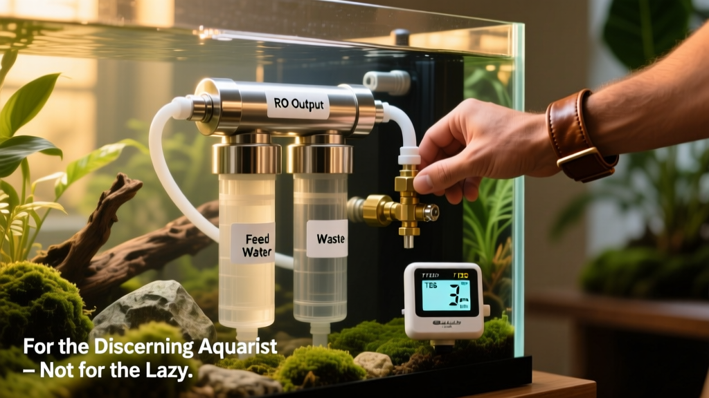 Close-up of an RO unit connected to an aquarium setup, with labeled tubing and a TDS meter showing low conductivity