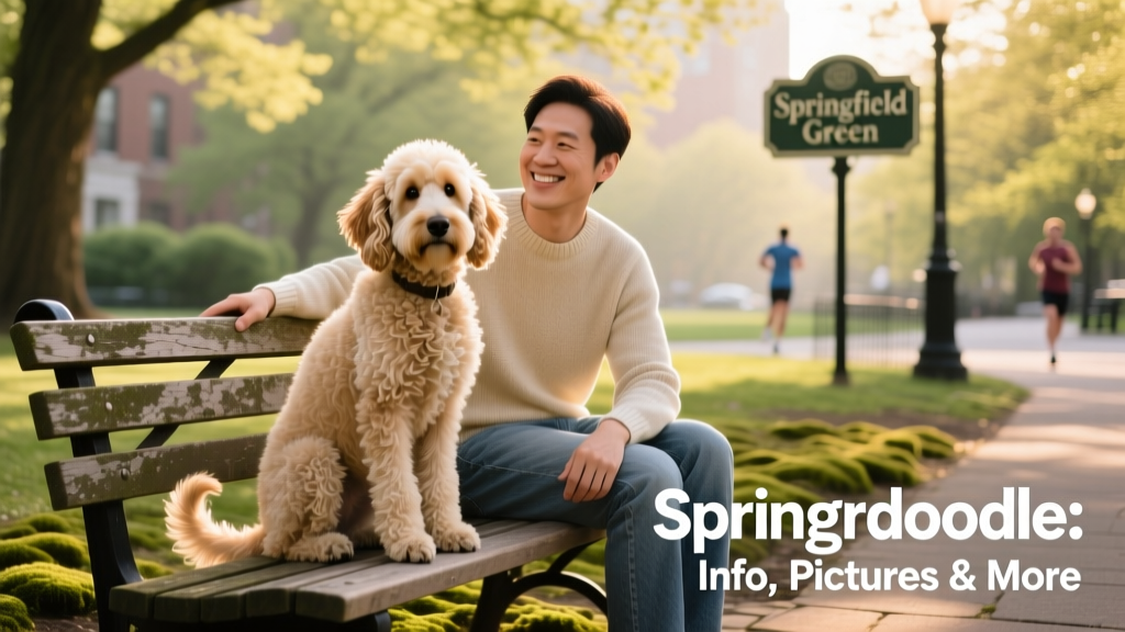 A well-groomed Springerdoodle sitting attentively beside its owner on a park bench