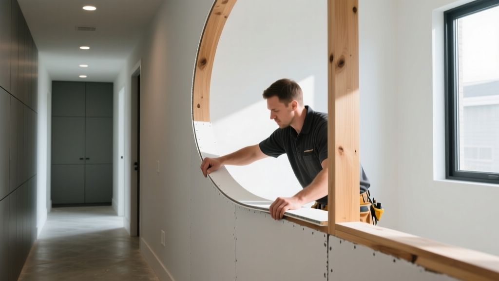 Contractor bending flexible quarter-inch gypsum board around a curved wooden stud frame in a modern residential hallway