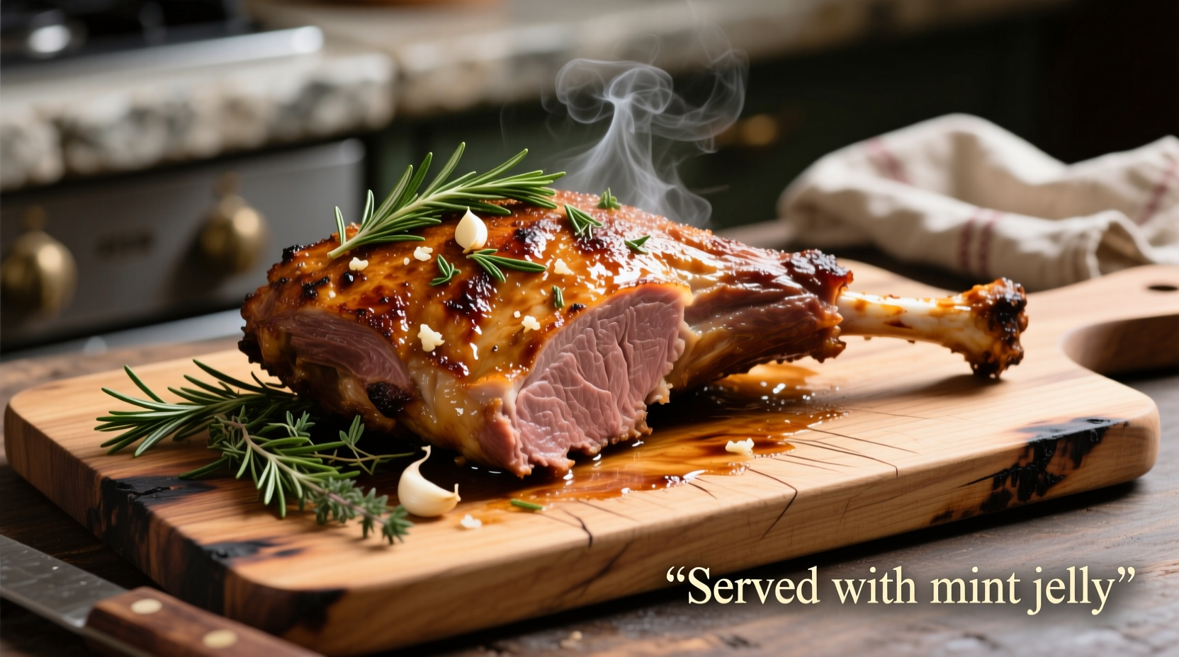 Perfectly roasted leg of lamb with herb crust on carving board