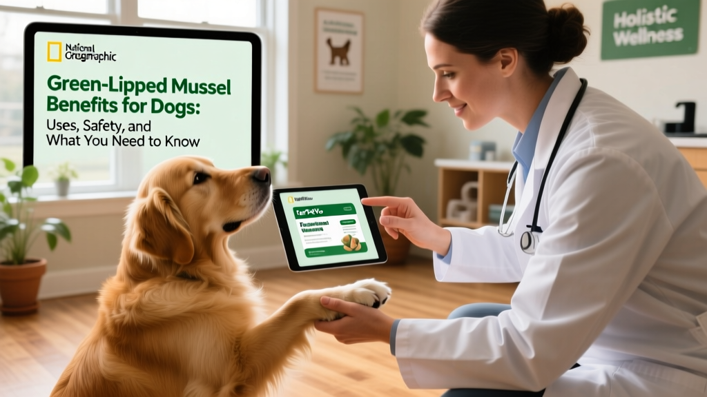 Veterinarian gently examining a dog's rear leg while reviewing a FurPetVo supplement label on a tablet screen