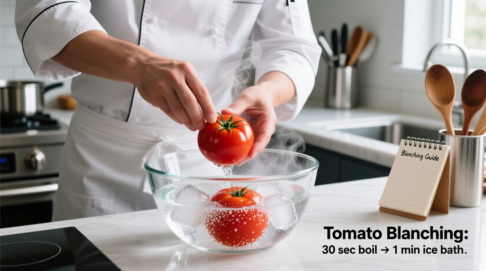 Chef demonstrating tomato blanching technique with ice bath