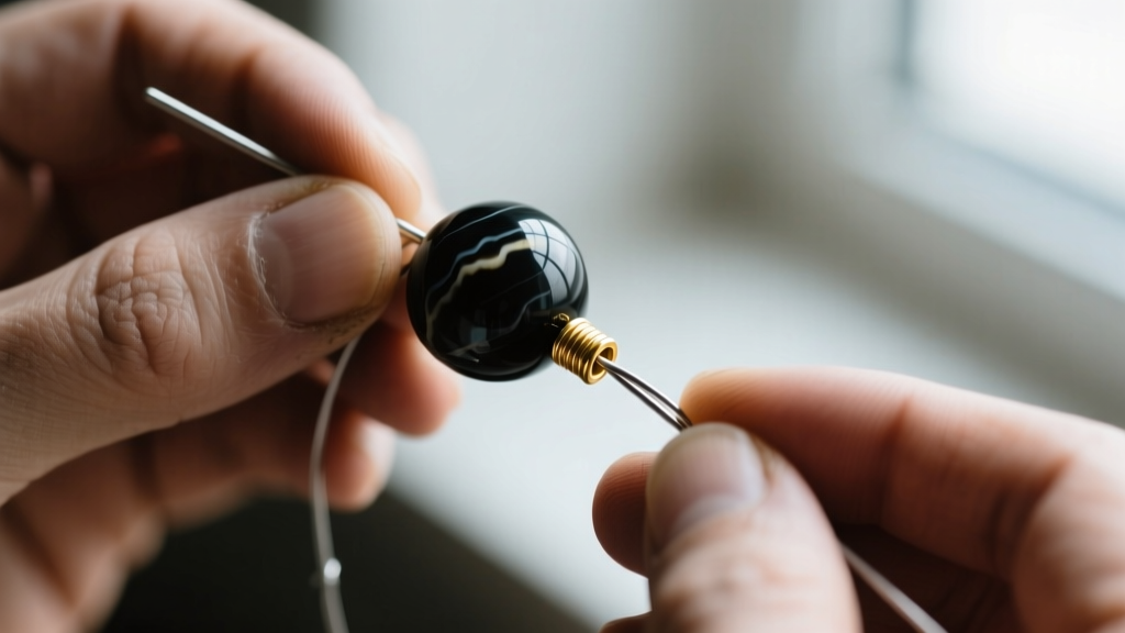 Close-up of hands threading a 0.019-inch stainless steel beading wire through a heavy onyx bead with a small gold crimp tube