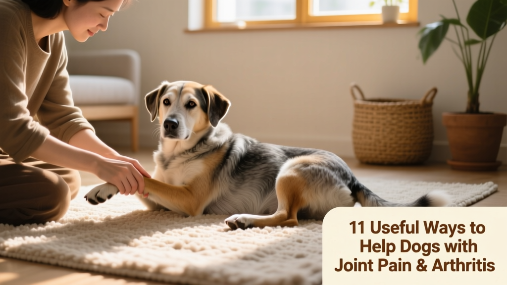 Owner gently massaging a dog's hind leg while the dog rests calmly on a rug