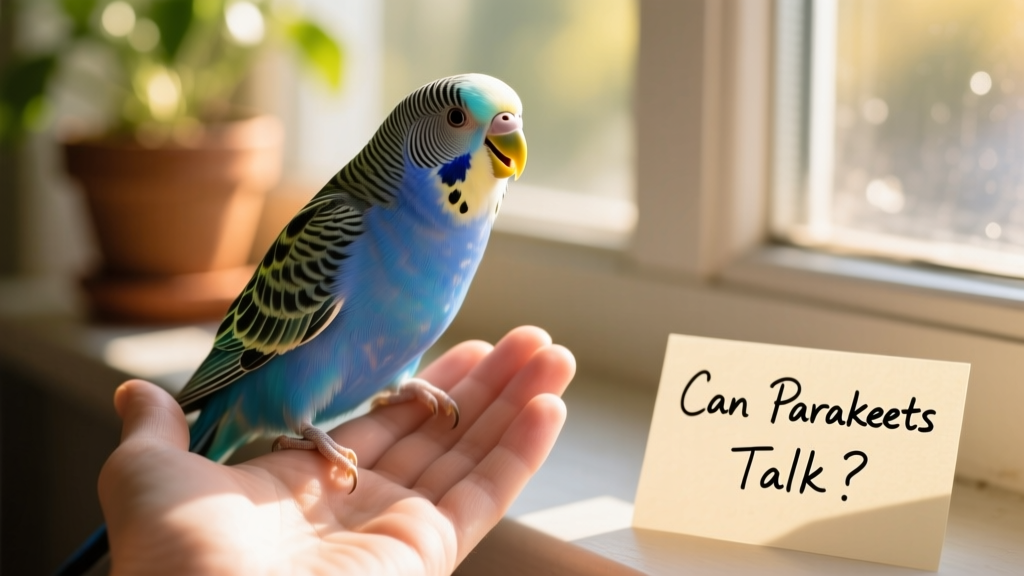 A vibrant blue parakeet perched on a hand, head tilted attentively as if listening