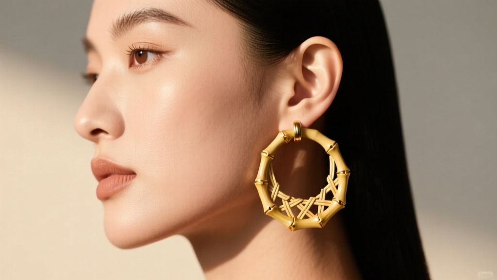 Side profile of a model wearing 40mm hollow bamboo gold earrings, showing how the lightweight hoop rests comfortably on the lobe.