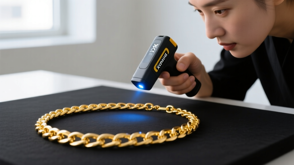 Jeweler using a handheld XRF metal analyzer gun to test the exact purity of a solid 18k yellow gold necklace chain on a dark mat.