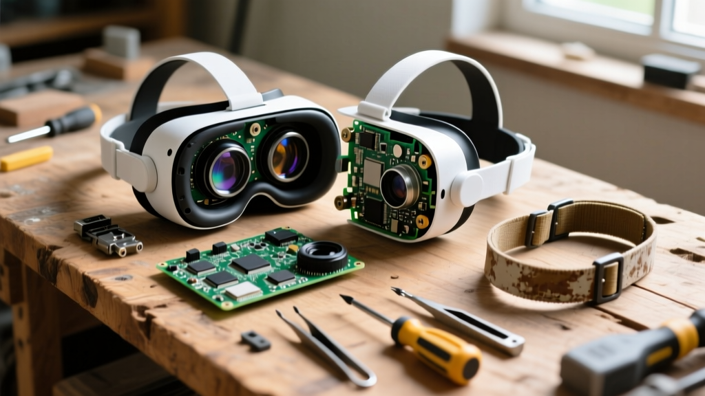 Disassembled VR headset showing modular internal components, recycled plastic straps, and repair tools on a wooden workbench