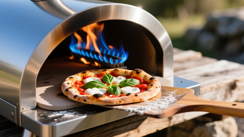 Close-up of 16-inch portable outdoor pizza oven with roaring blue gas flame and wooden peel sliding margherita pizza onto cordierite stone