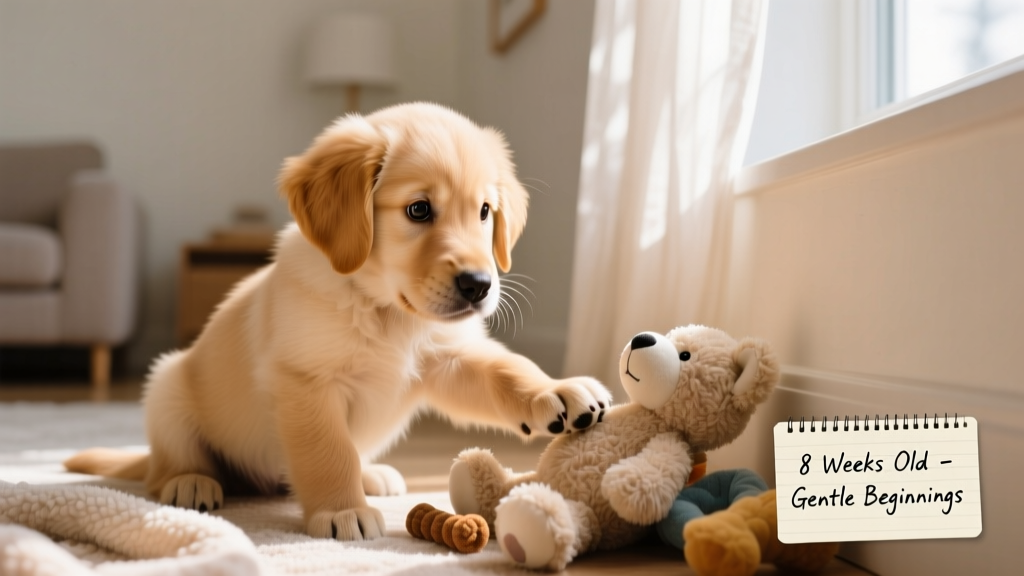 A curious 8-week-old puppy exploring a safe indoor space with soft toys nearby