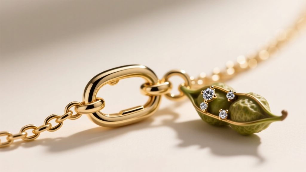 Macro shot of a secure lobster clasp on a 1.2mm 14k gold box chain, attached to a textured botanical peapod charm with diamonds.
