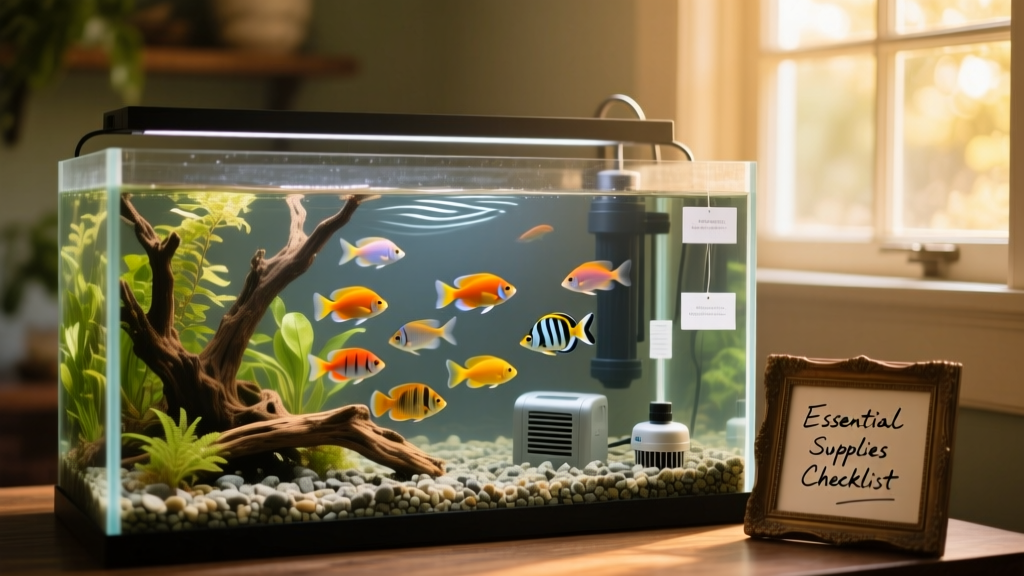A serene, well-planted freshwater aquarium with colorful fish swimming among driftwood and soft lighting