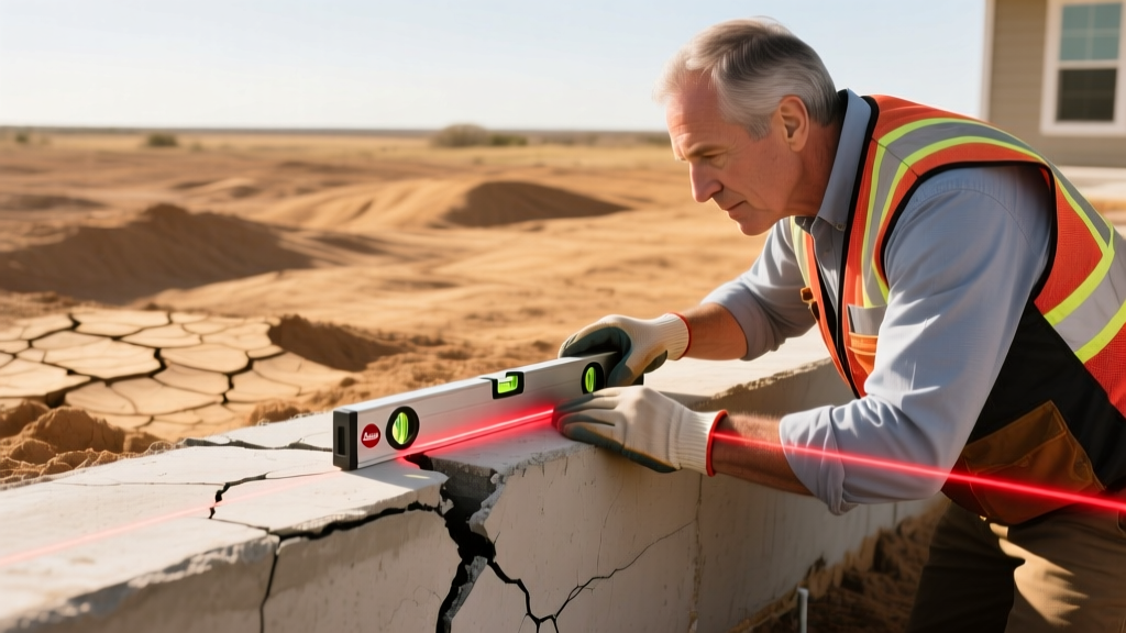 Structural engineer examining a laser level and foundation crack on a Texas slab-on-grade home surrounded by expansive clay soil