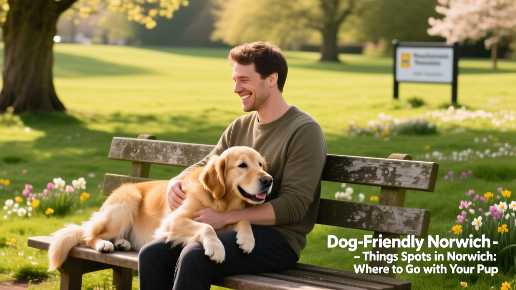 A pet parent and dog relaxing on a bench in a sunny, grassy dog-friendly park