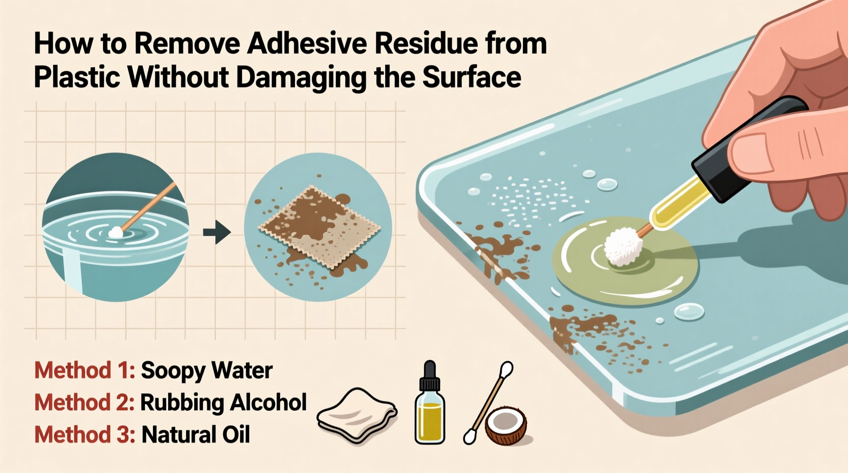 how to remove adhesive residue from plastic without damaging the surface