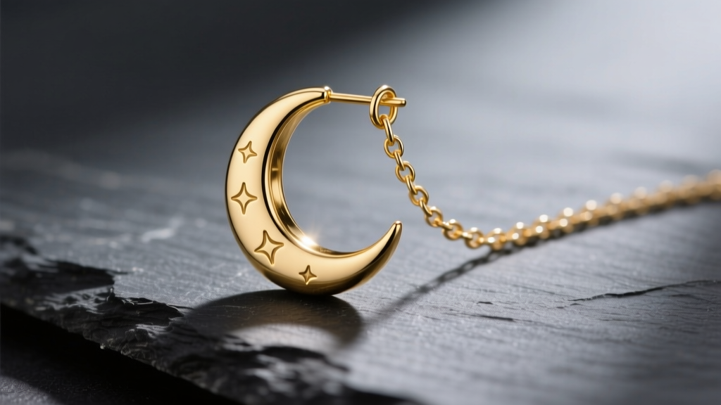 Macro shot of a 14k gold crescent moon dangle earring with a delicate chain resting on dark slate under soft directional lighting