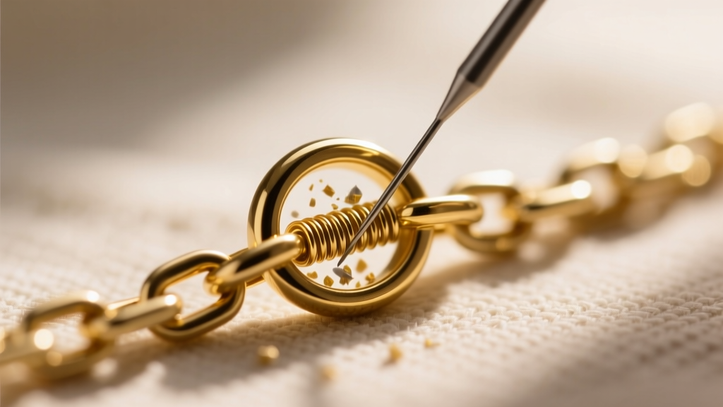 Macro shot of a 5mm spring-ring clasp on a gold chain, using a sewing needle to clear debris from the internal spring mechanism.