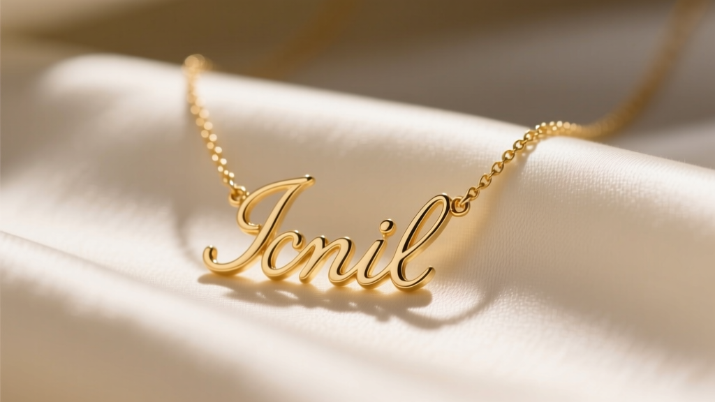Close-up of a delicate 14k solid gold cursive initial necklace resting on silk fabric with soft, warm directional lighting.
