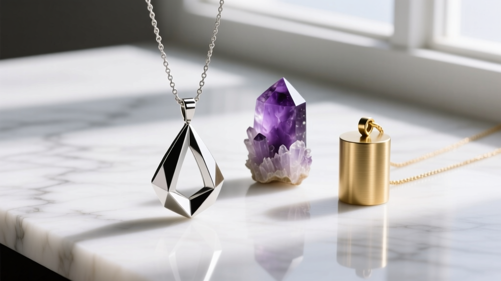 Flat lay of three pendulum necklaces on marble: a silver geometric teardrop, a raw amethyst point, and a brushed gold cylinder