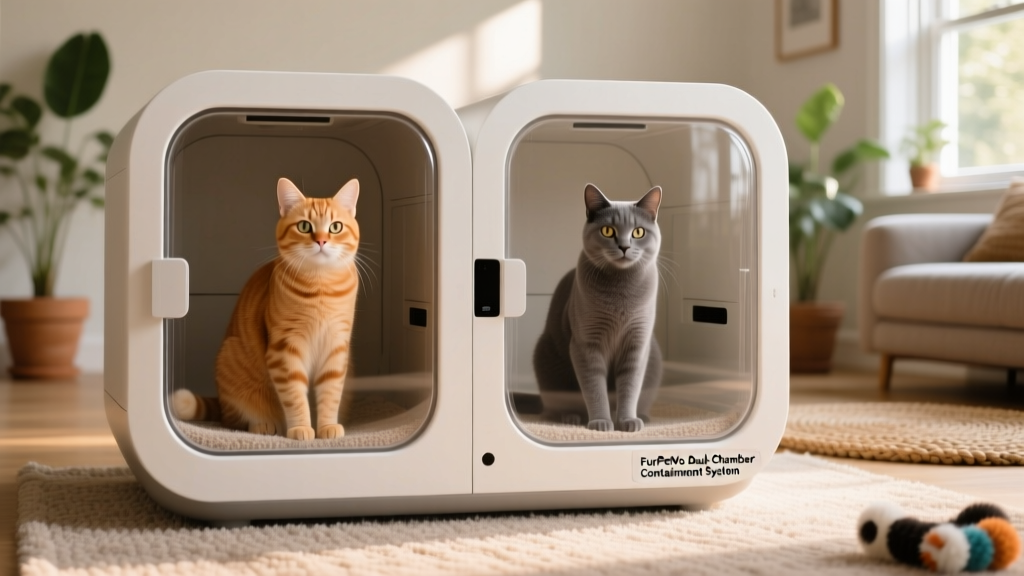 Two cats using separate chambers of the FurPetVo Dual-Chamber Containment System side by side