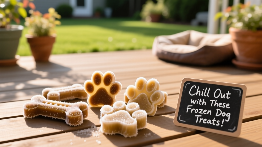 Dog bone and paw print shaped frozen dog treats arranged on a sunny patio