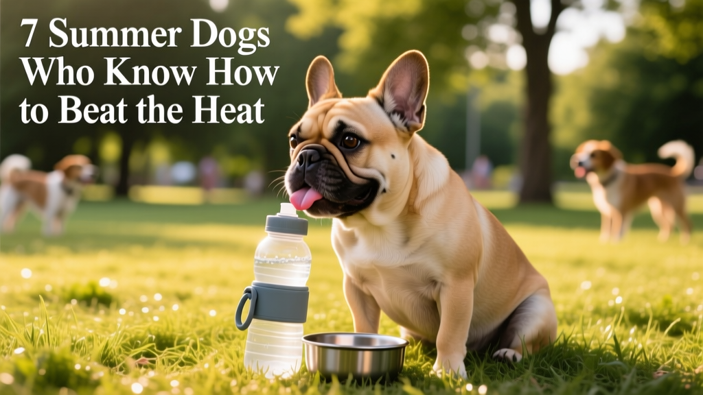 A French bulldog drinking from a portable bottle-and-bowl combo while sitting on grass at a dog park