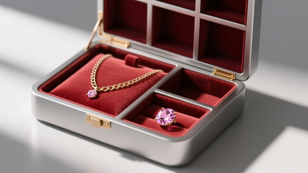 Anti-tarnish jewelry storage box with velvet compartments holding a rose gold necklace and morganite pendant safely separated.