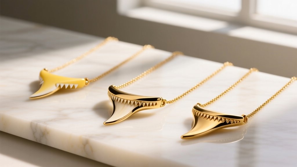 Three gold shark tooth necklaces in 10k, 14k, and 18k, showing subtle color shifts from pale to rich yellow.