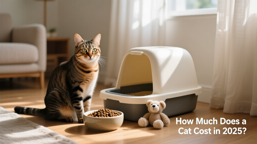A happy, healthy adult cat sitting beside a litter box, food bowl, and toy—representing everyday essentials