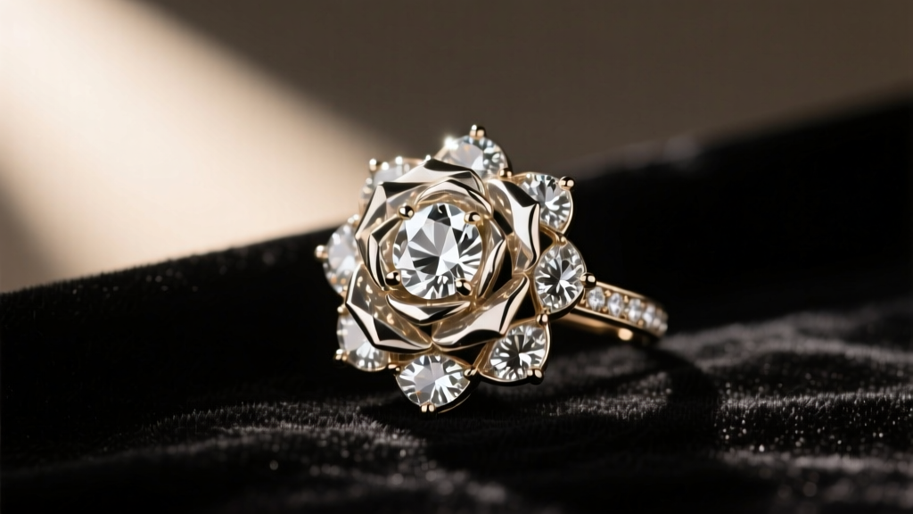 Close-up of Victorian rose-cut diamond brooch with foil back setting on dark velvet, illuminated by warm directional studio light.