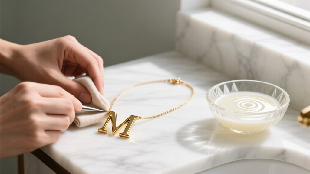 Hands polishing a brass letter M necklace with a soft cloth on a marble vanity next to a small glass bowl of mild liquid jewelry soap