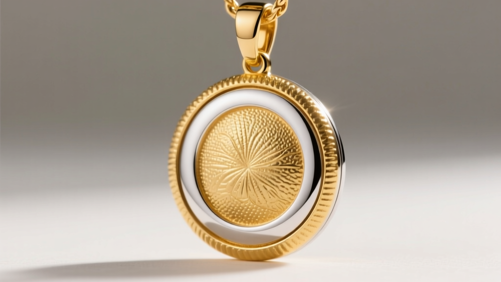Side view of a thick gold vermeil medallion pendant, highlighting the sterling silver base layer and the rich outer gold coating.