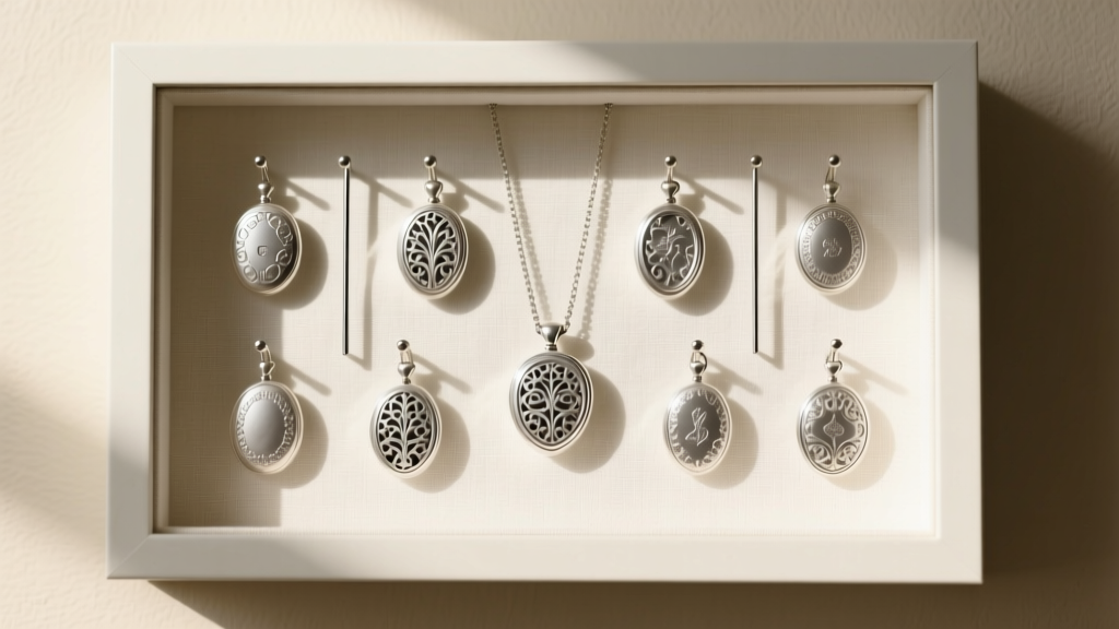 Open shadow box display lined with acid-free linen, showing sterling silver lockets hung securely on small stainless steel pins.