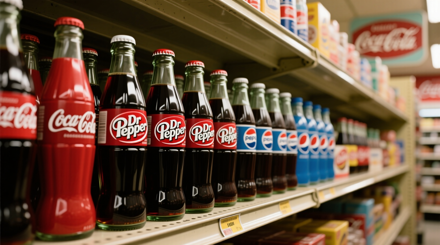 Dr Pepper bottles next to Coke and Pepsi products