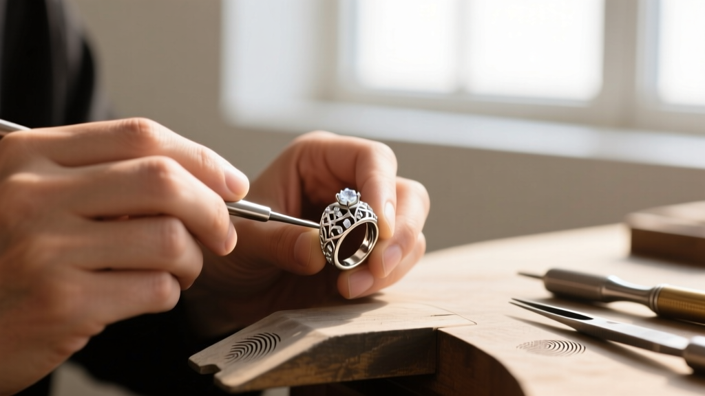 Jeweler's hands carefully restringing a vintage beads necklace using ivory silk thread and a steel beading needle in a bright studio