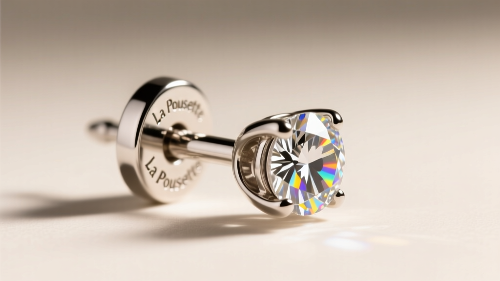 Macro shot of a platinum La Pousette earring back locked onto a diamond stud post, illuminated by soft directional studio lights