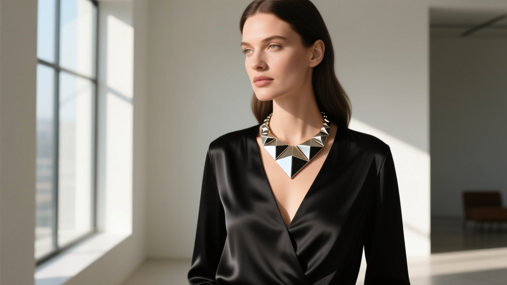 Woman wearing a Stella Dot Renegade necklace over a black V-neck silk blouse, illuminated by soft, natural window light.