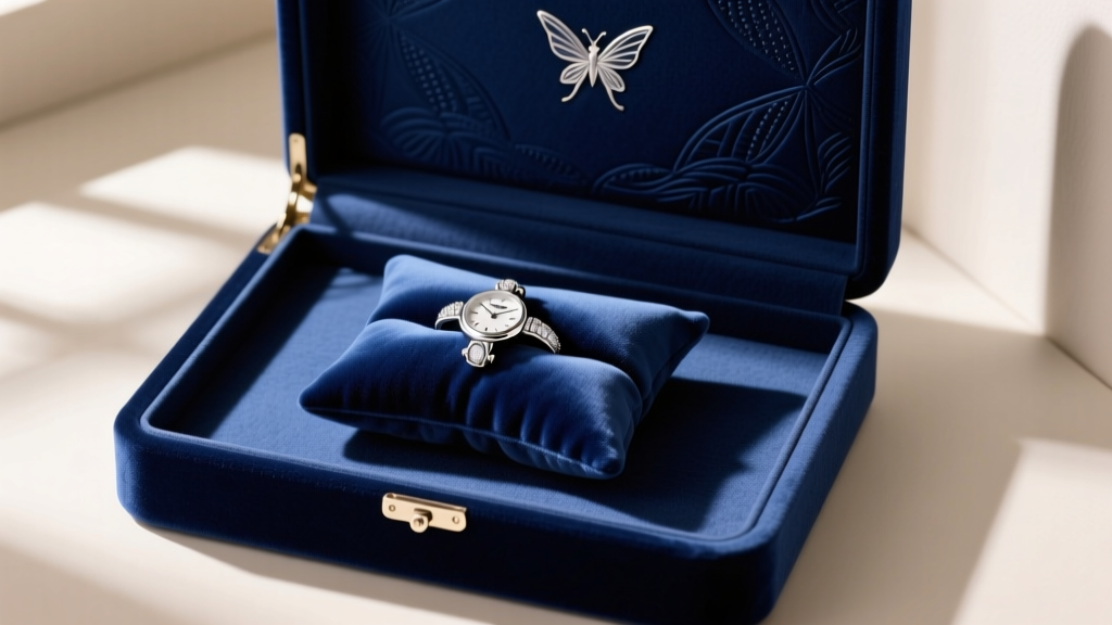 Interior of Tinkerbell box showing anti-tarnish felt lining and a watch pillow slot for storing small delicate silver items