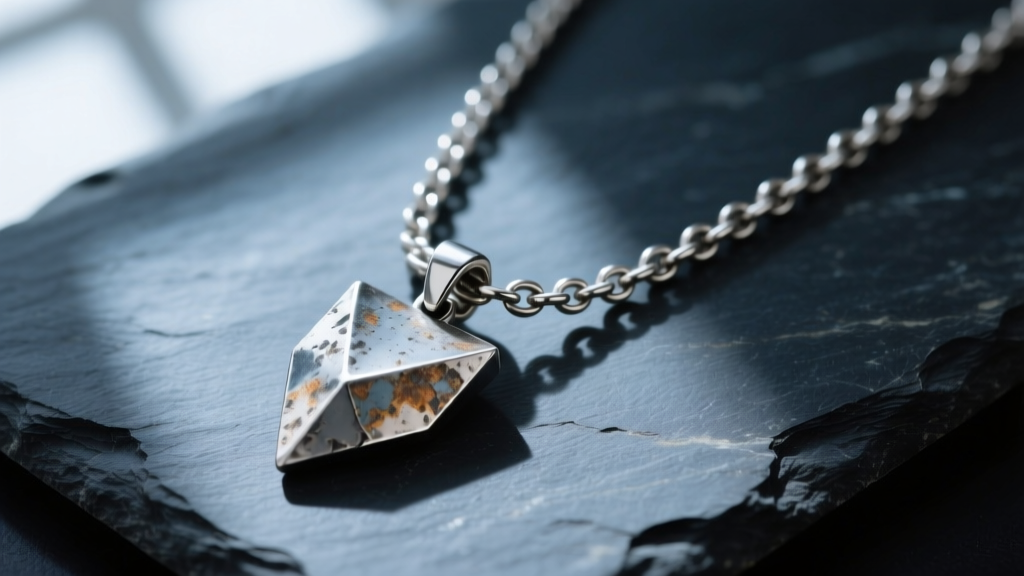 Close-up of an oxidized sterling silver rolo chain necklace with a raw geometric pendant resting on a dark slate stone surface.