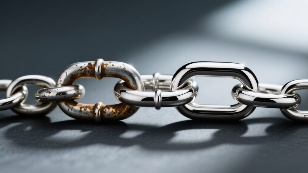 Macro shot comparing a tarnished sterling silver chain link next to a pristine rhodium-plated link on a dark slate background
