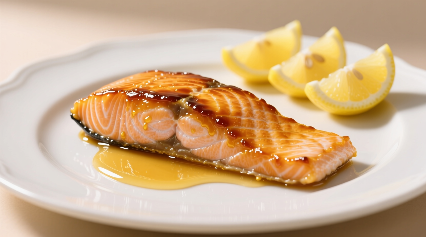 Golden honey garlic salmon on white plate with lemon wedges