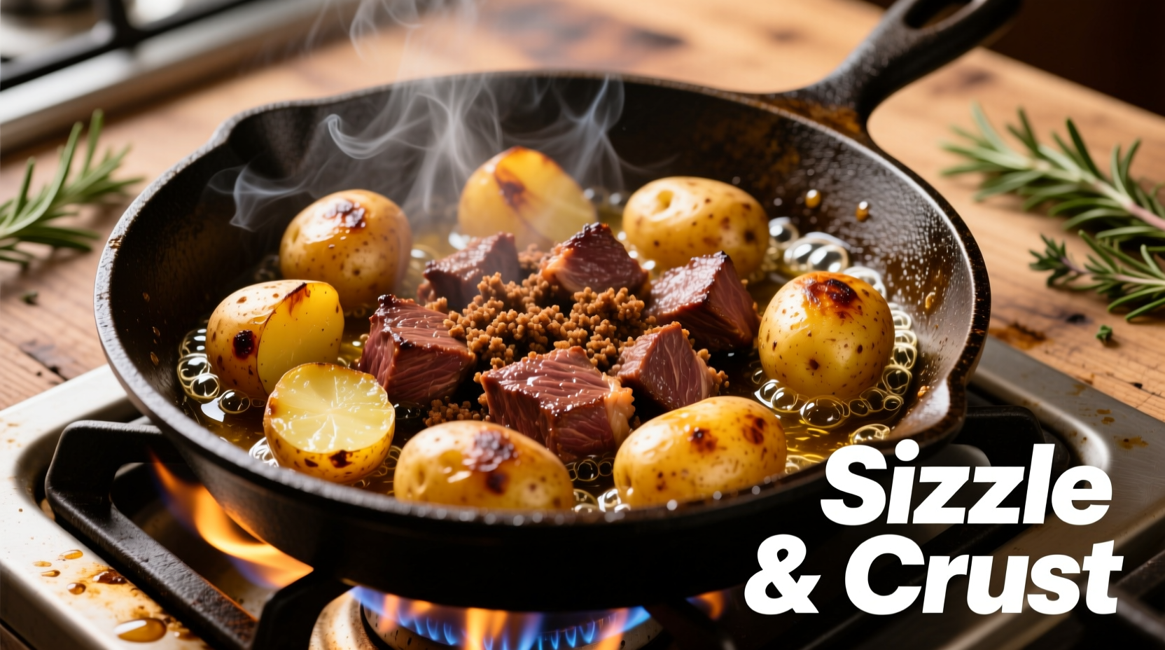 Golden brown potatoes and ground beef sizzling in cast iron skillet
