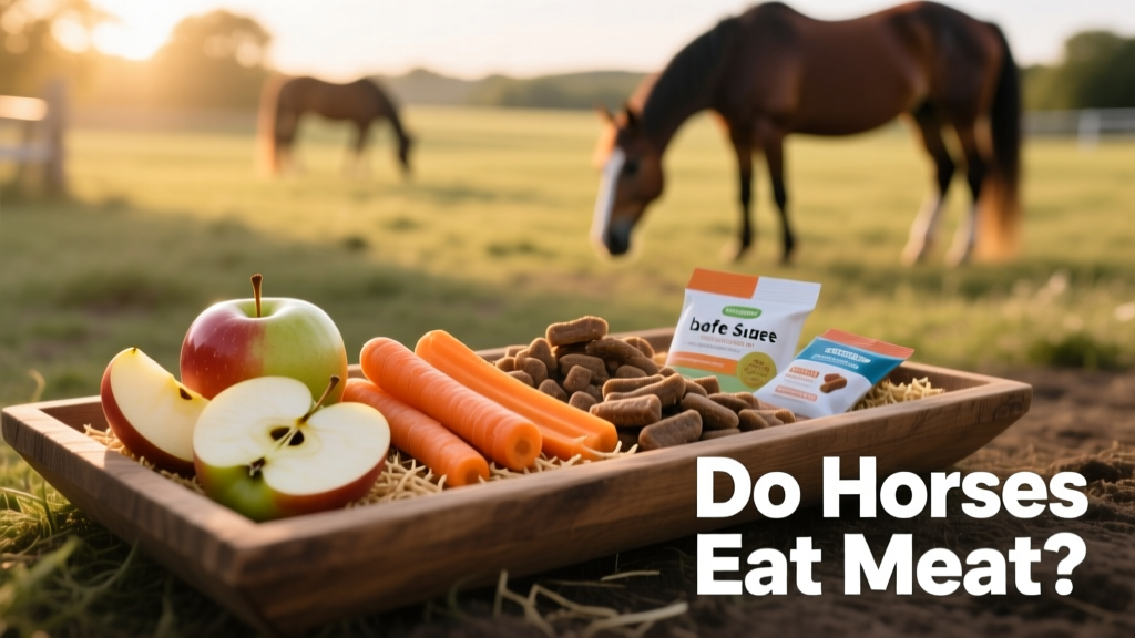 Assortment of safe horse treats including apple slices, carrot sticks, and low-sugar commercial treats arranged on a clean feeding tray