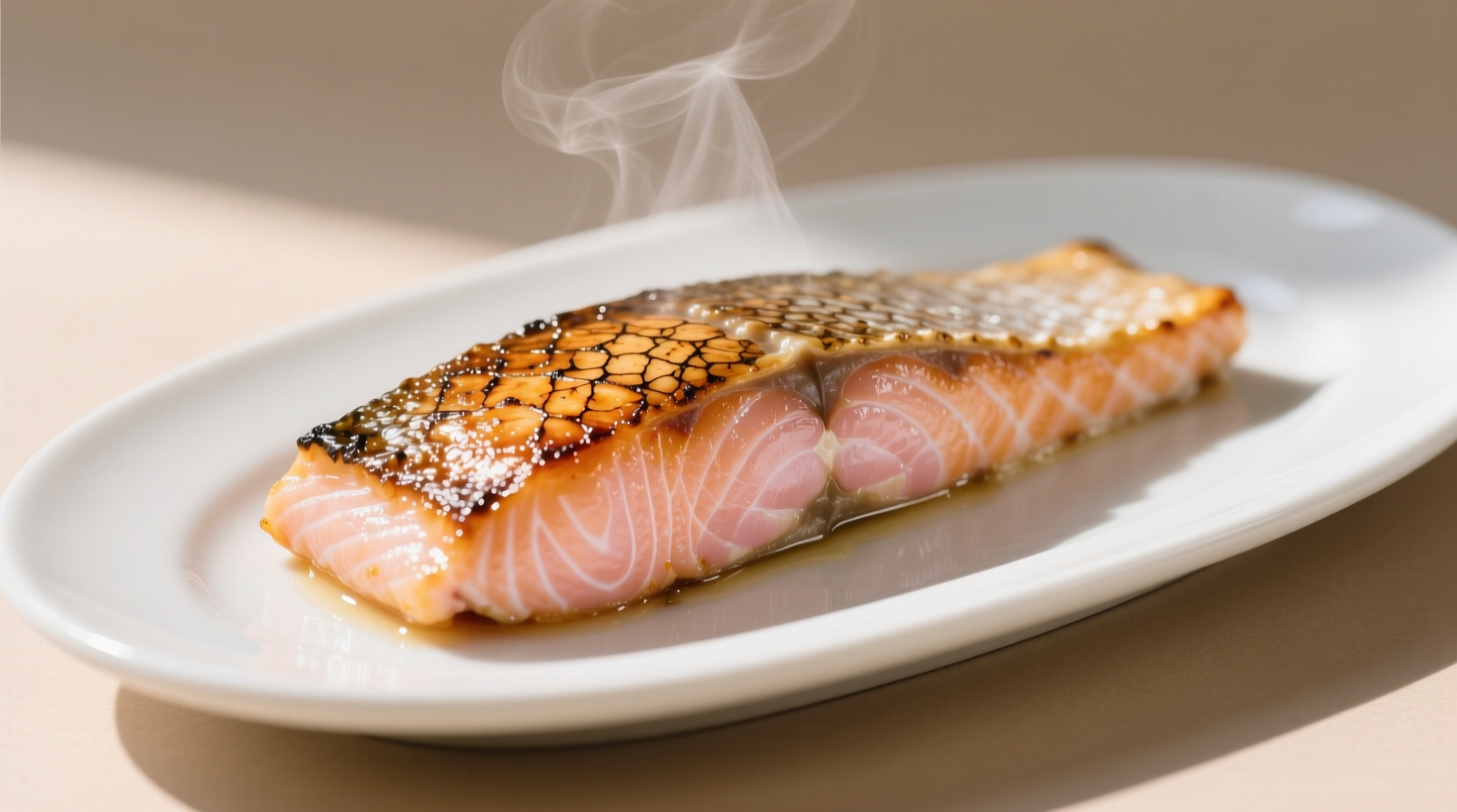 Perfectly seared salmon fillet with crispy skin on white plate